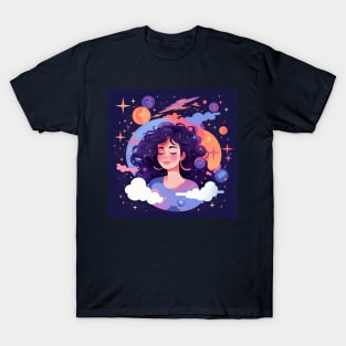 Woman with sweet dreams concept Young girl with galaxy and universe at hairs T-Shirt